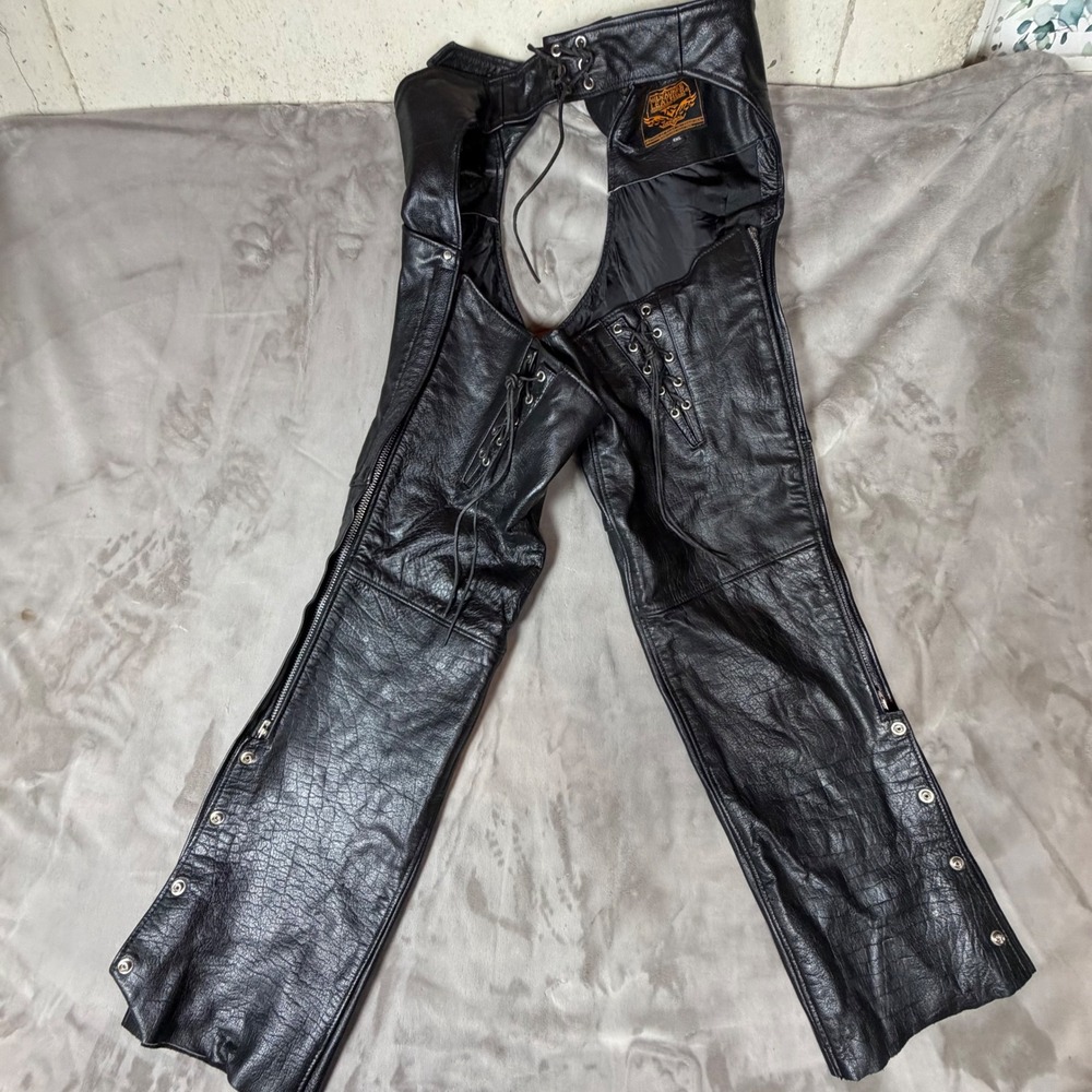 Milwaukee Leather Black Motorcycle Chaps Pebbled Leather Lace Up Back 4XL